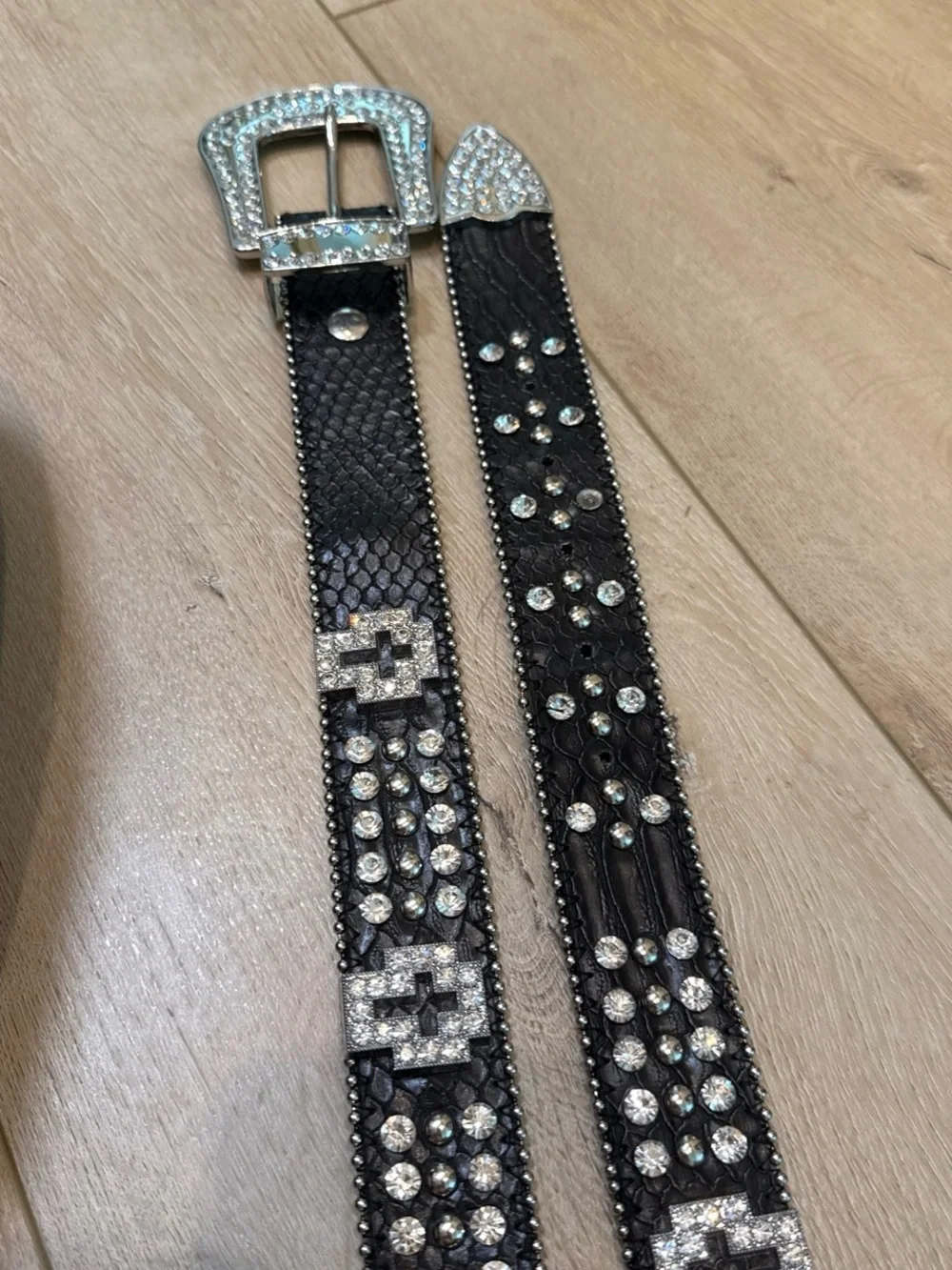 Black Studded Rhinestone Belt genuine leather